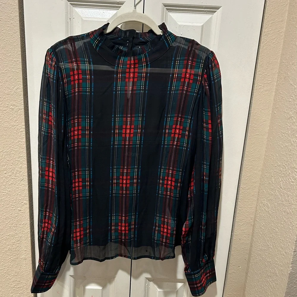 J.Crew Ruffleneck Top in Stewart Tartan Chiffon , XL - Picture 3 of 9
